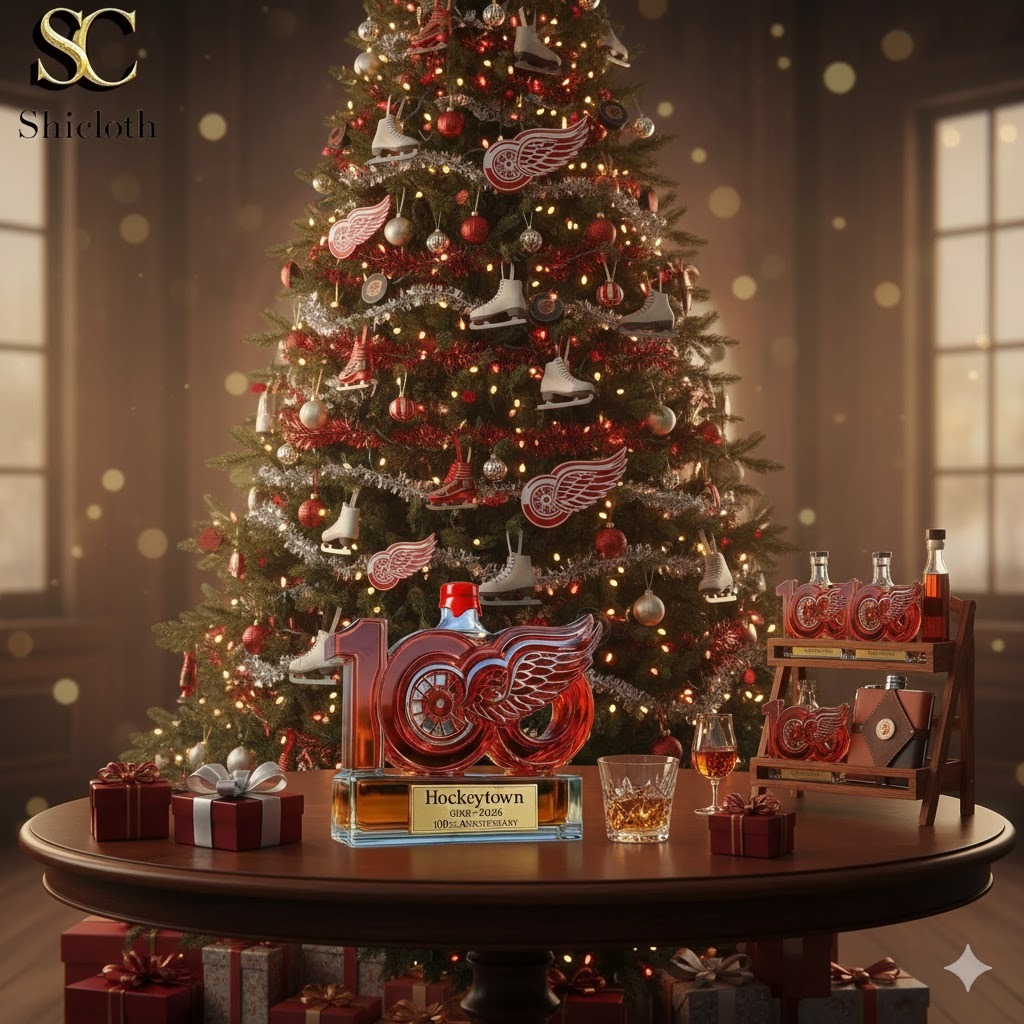 A Christmas tree decorated with hockey themed ornaments behind a Hockeytown 100th anniversary bottle on a table!