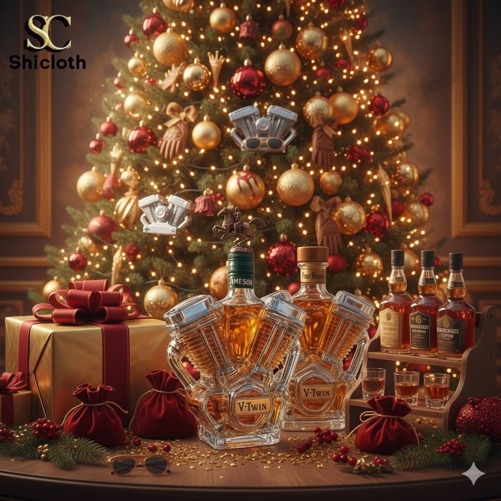 Christmas tree with V Twin engine shaped whiskey decanters and gift display!