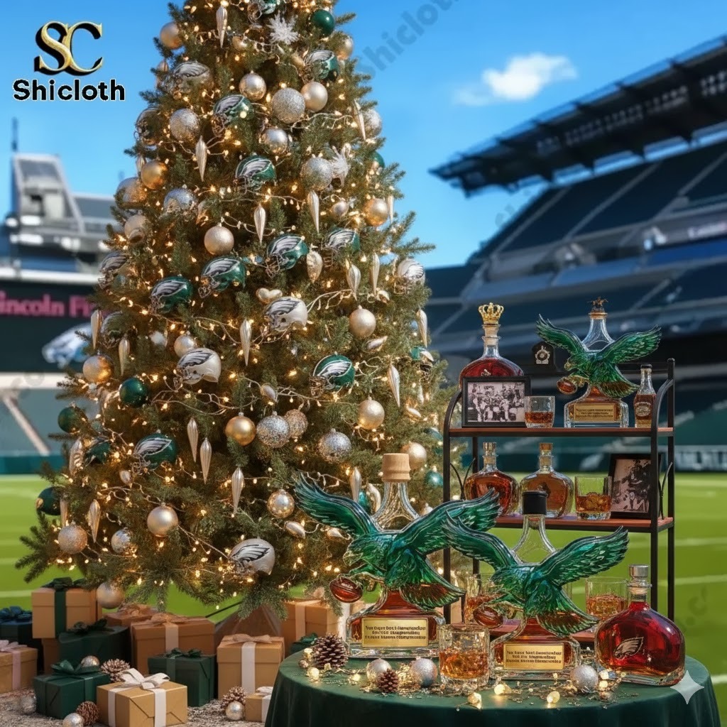 Christmas tree decorated with Eagles themed ornaments beside a display of eagle shaped whiskey bottles at a stadium!