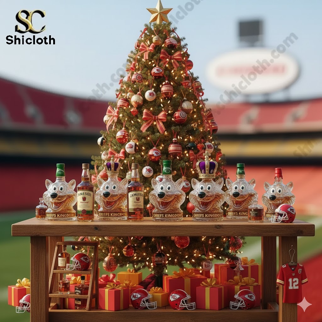 A Christmas tree decorated with Chiefs themed ornaments stands behind a table displaying multiple wolf shaped whiskey bottles.