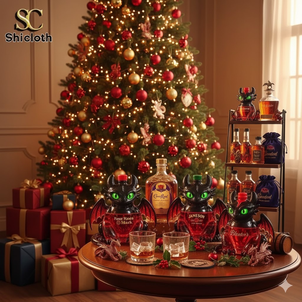 Christmas scene with dragon shaped liquor bottles displayed on a table in front of a decorated tree!