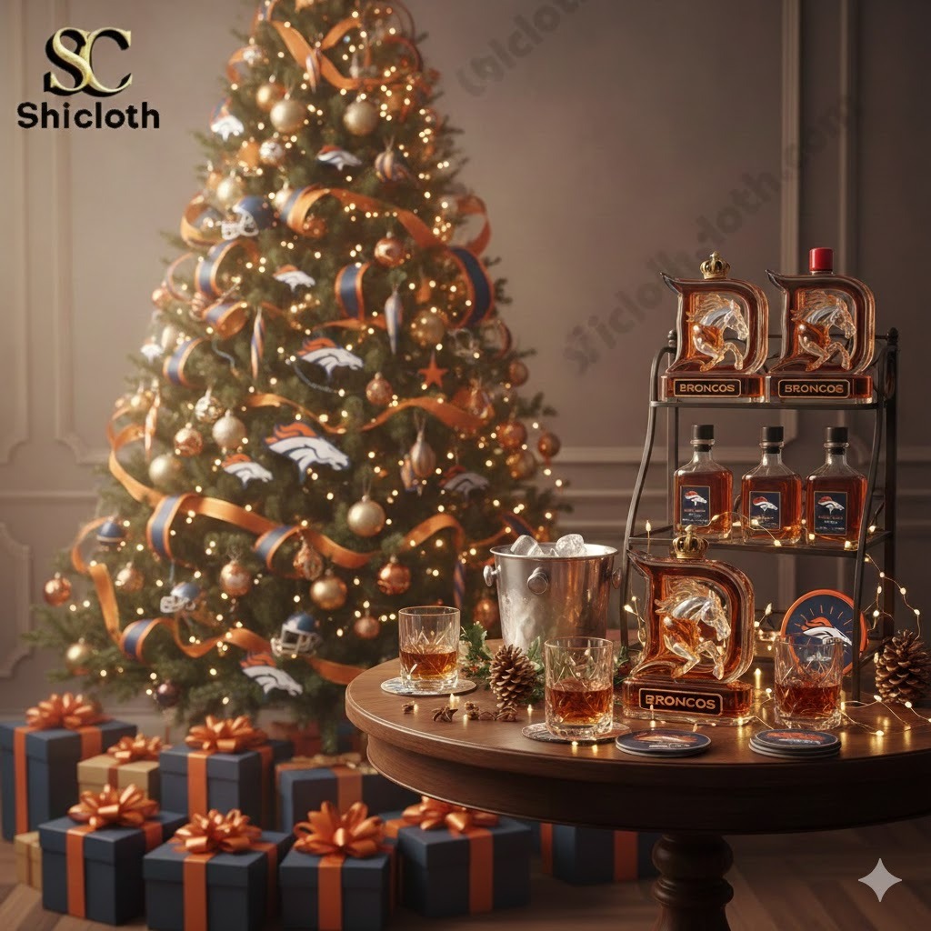 A Christmas tree with Broncos themed decorations beside a table displaying Broncos whiskey bottles.