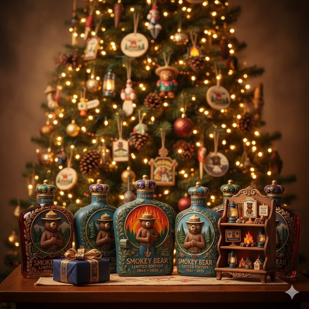 Smokey Bear themed bottles displayed on a table in front of a decorated Christmas tree!
