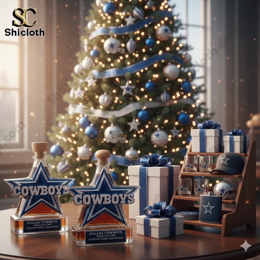 Star shaped Dallas Cowboys bottle displayed near a Christmas tree with blue and silver decorations!
