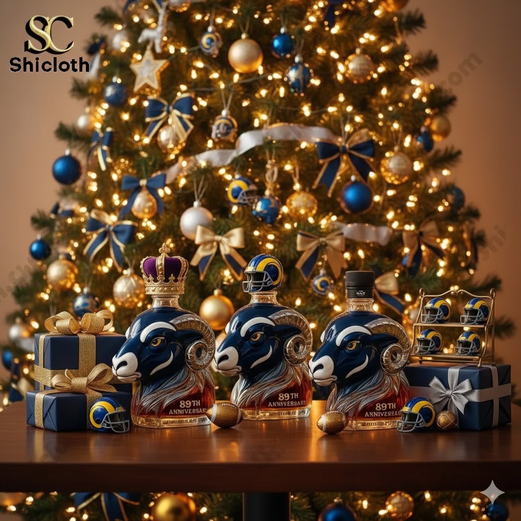 Ram shaped anniversary bottles displayed in front of a decorated Christmas tree.