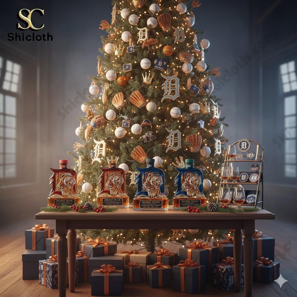 A Christmas tree decorated with Detroit Tigers themed ornaments with Shicloth Tigers bottles displayed on a table.