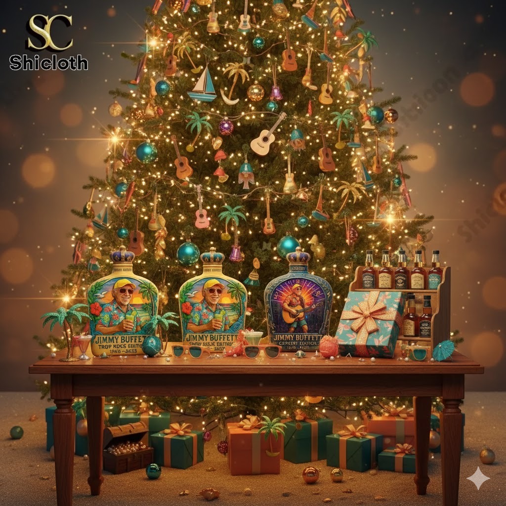 A tropical themed Christmas display with decorated bottles and gifts in front of a large lit tree.