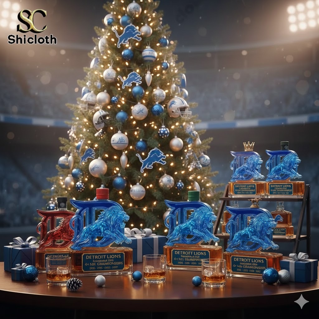 Christmas display featuring Detroit Lions themed bottles and a decorated tree.
