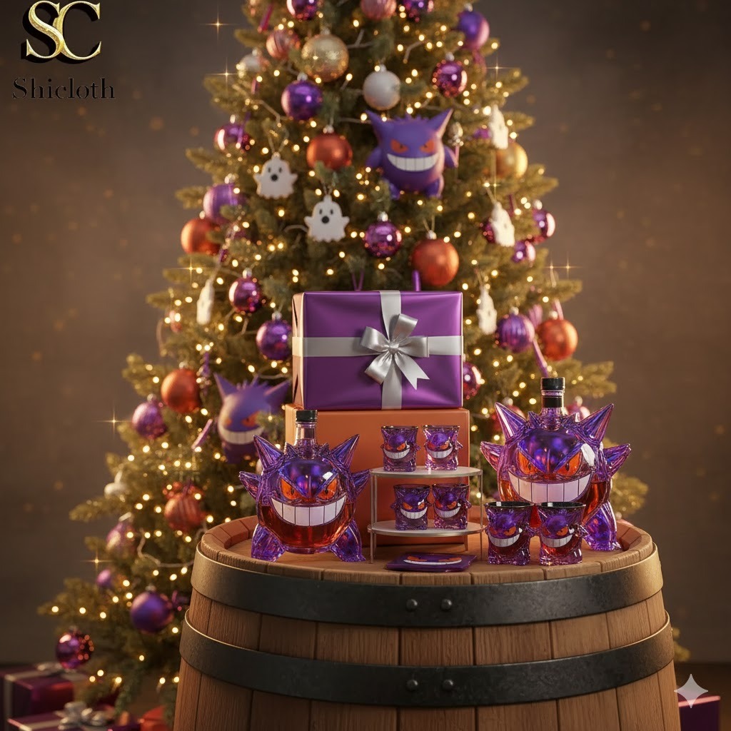 Purple Gengar shape whiskey bottle set displayed in front of a decorated Christmas tree.