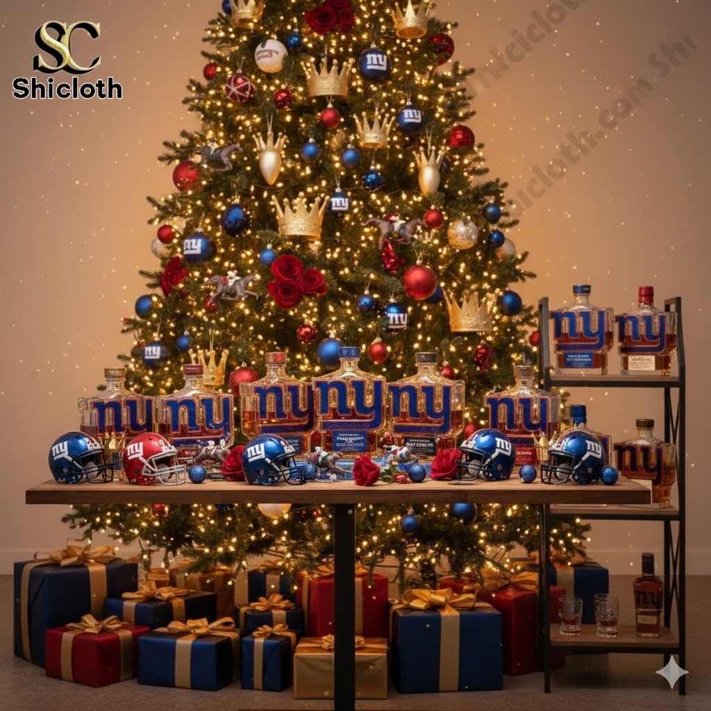 Christmas tree display with New York Giants themed whiskey bottles and gifts
