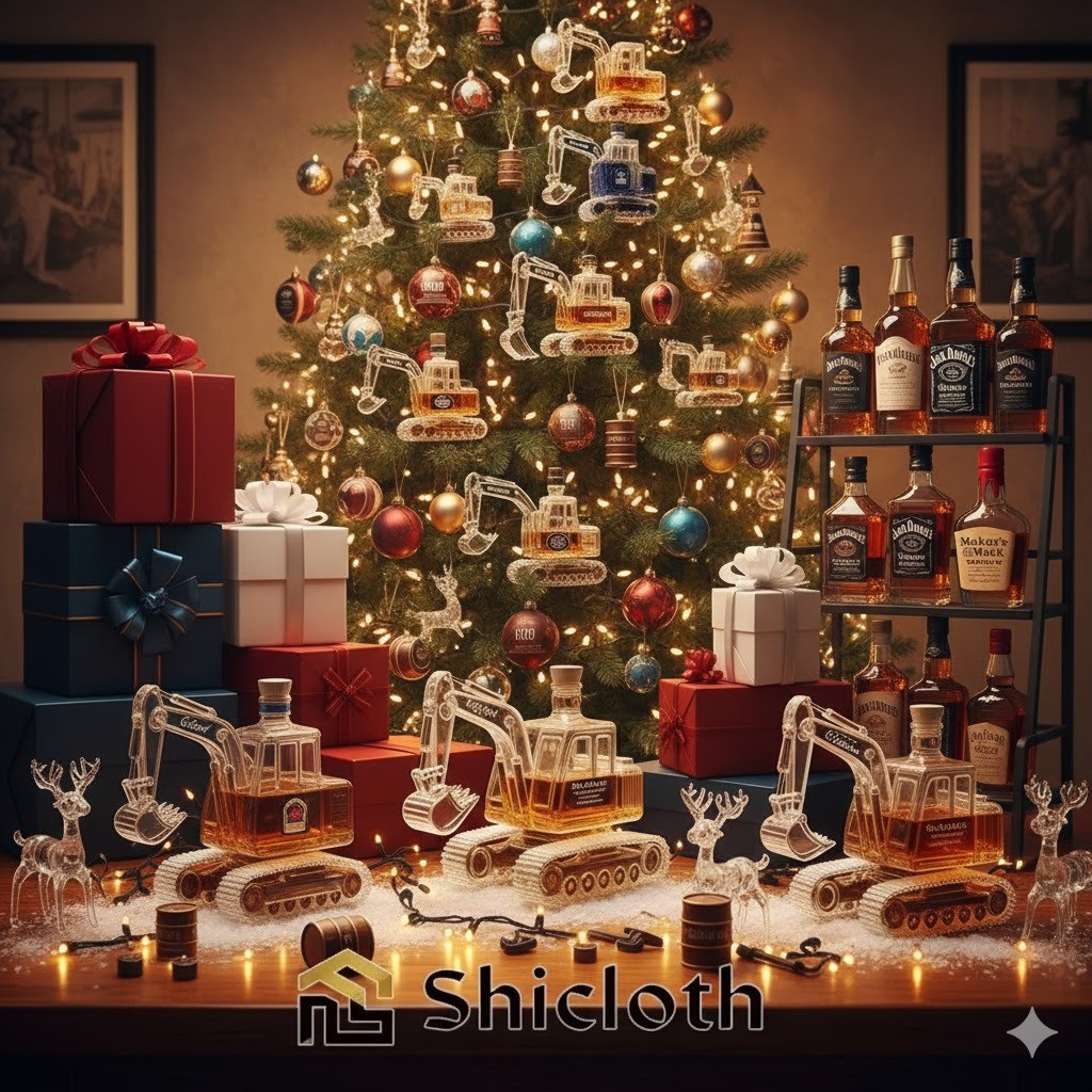 Excavator shaped whiskey bottles displayed under a decorated Christmas tree with gifts!