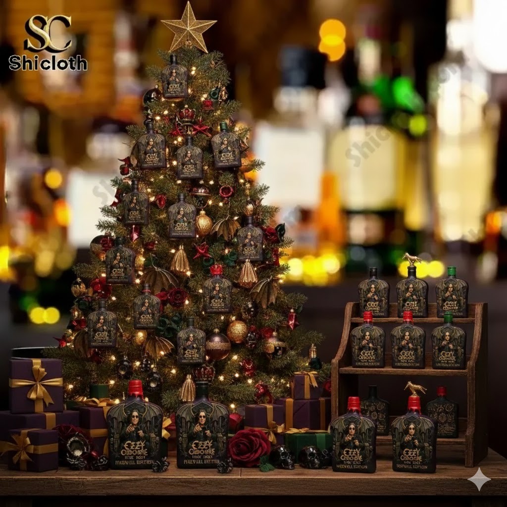 A decorated Christmas tree surrounded by gifts and multiple themed farewell edition bottles displayed.