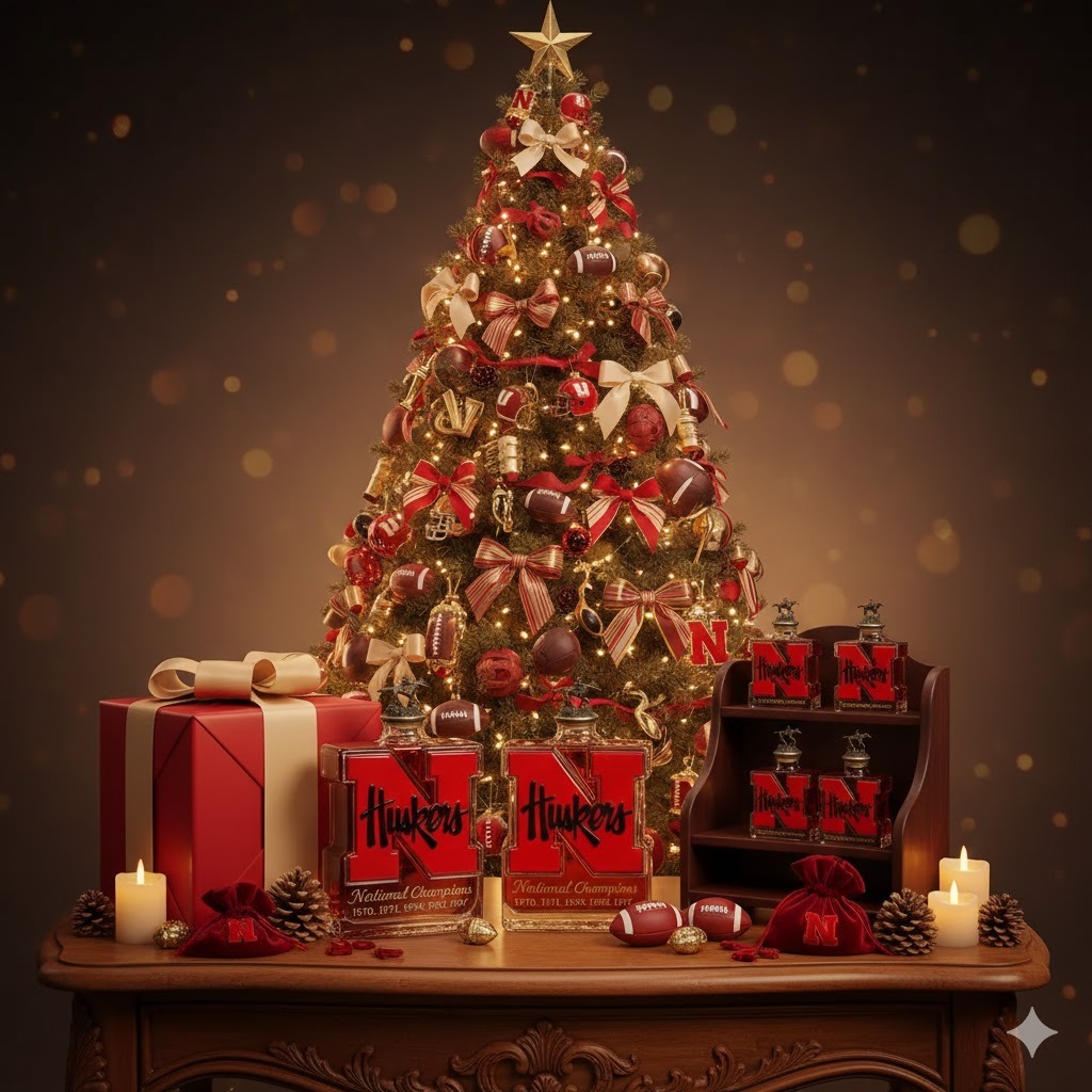 Christmas tree decorated with Nebraska Huskers ornaments and Shicloth gift boxes!