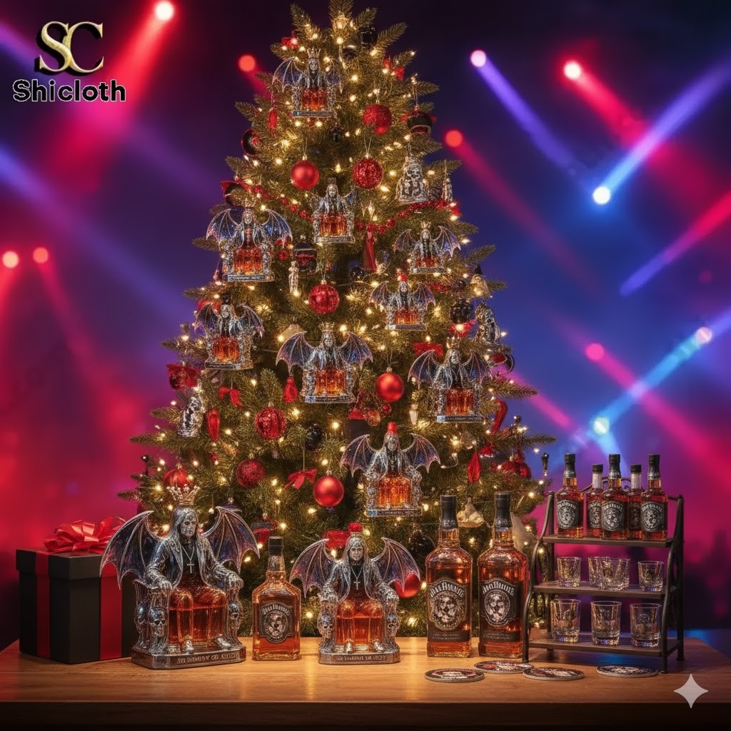 A Christmas tree decorated with multiple gothic Ozzy themed bottle ornaments with Shicloth products displayed below.