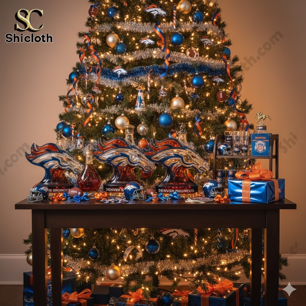 Christmas tree decorated in Denver Broncos colors with Shicloth horse shaped bottles displayed on a table!