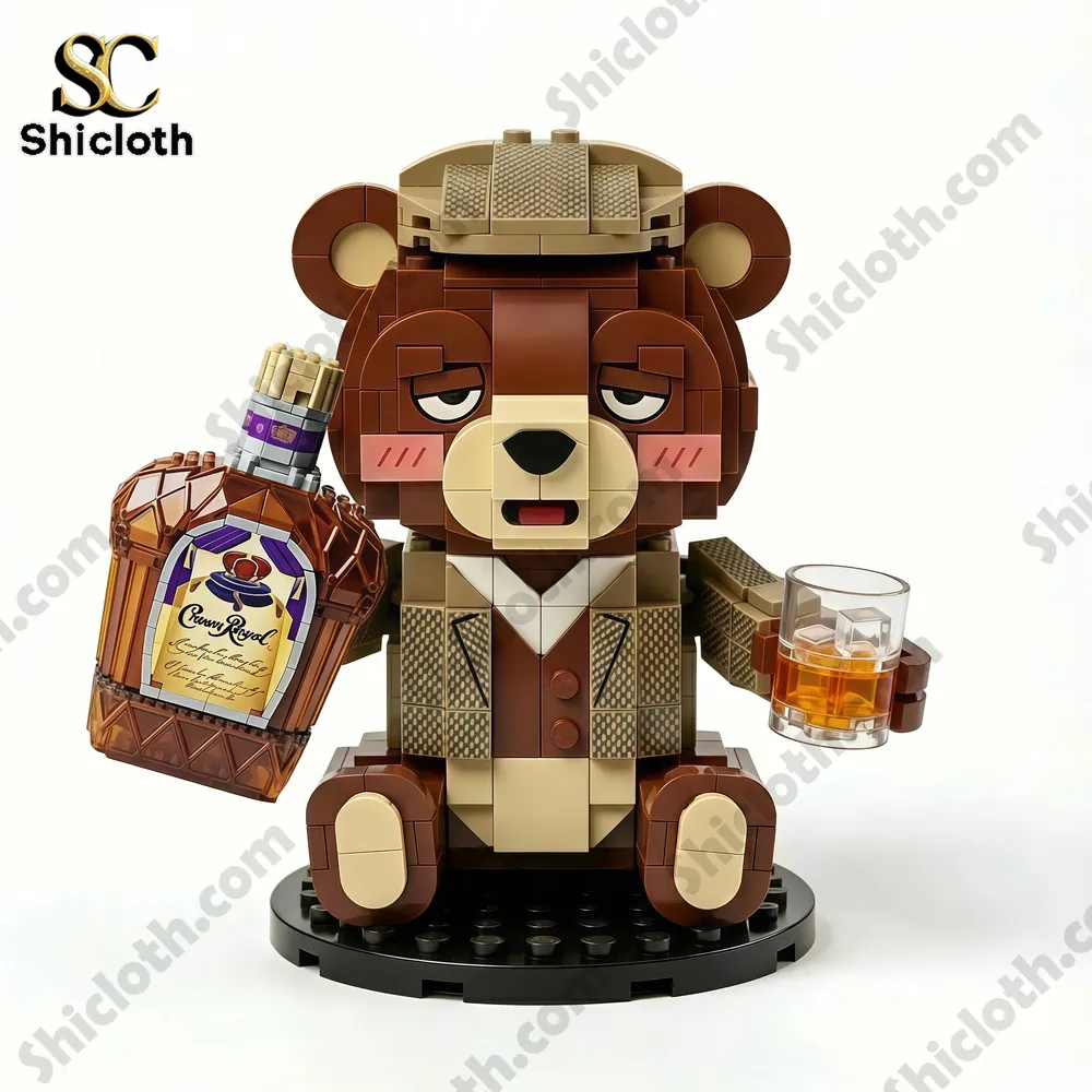 Bear brick figure holding a whiskey bottle and glass on a white background!