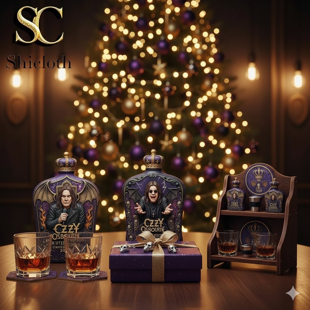 A set of royal themed bottles and glasses displayed on a table in front of a Christmas tree.