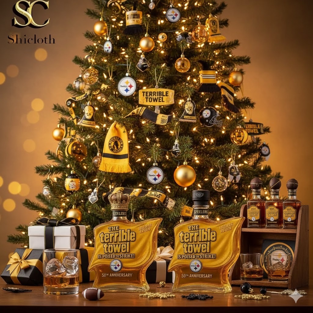 Christmas tree decorated with Pittsburgh Steelers themed ornaments and Terrible Towel shaped whiskey bottles on a table!