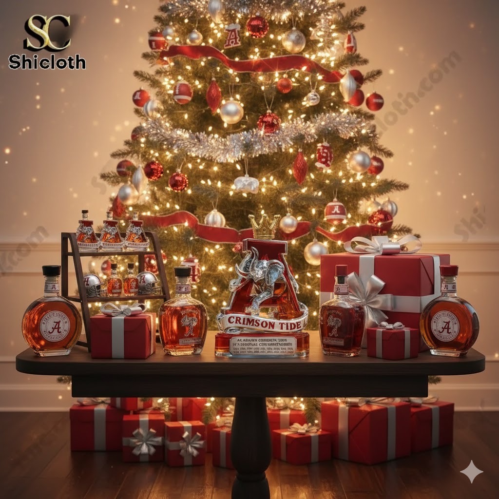 A decorated Christmas tree behind a table displaying Alabama Crimson Tide themed bottles and gifts.