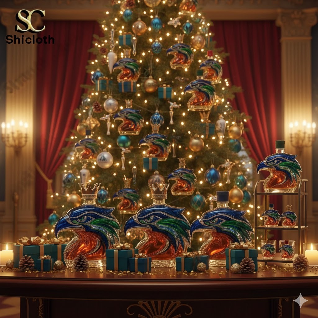 A decorated Christmas tree behind a display of eagle shaped liquor bottles by Shicloth.