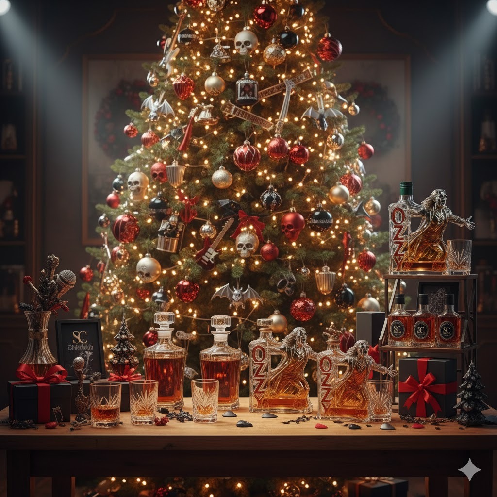 Christmas tree with rock themed ornaments and Shicloth display bottles on a table