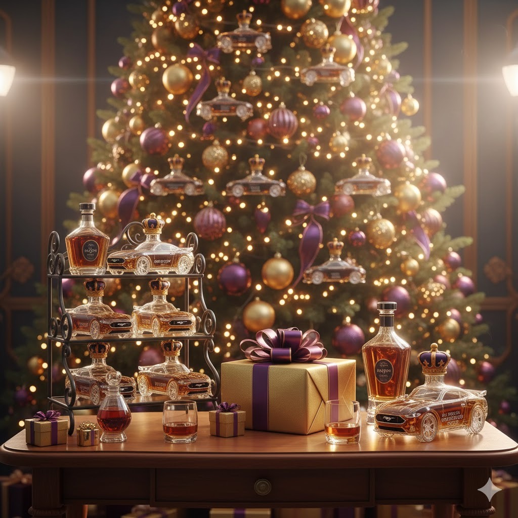 Holiday display of car shaped liquor bottles arranged before a decorated Christmas tree!