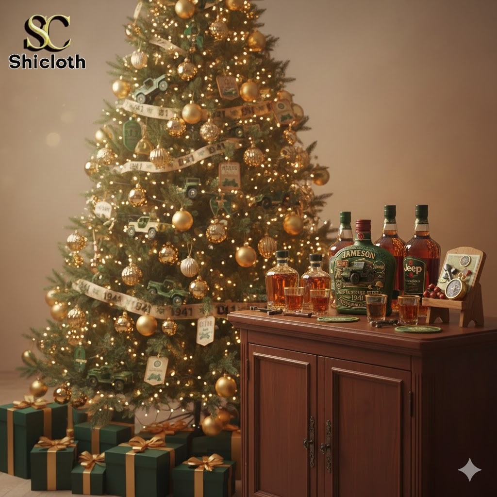 Christmas tree with Jeep themed gifts and whiskey bottles displayed on a wooden cabinet.