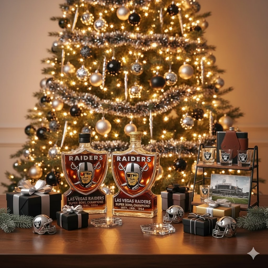 Decorative Raiders themed bottles displayed before a lit Christmas tree!
