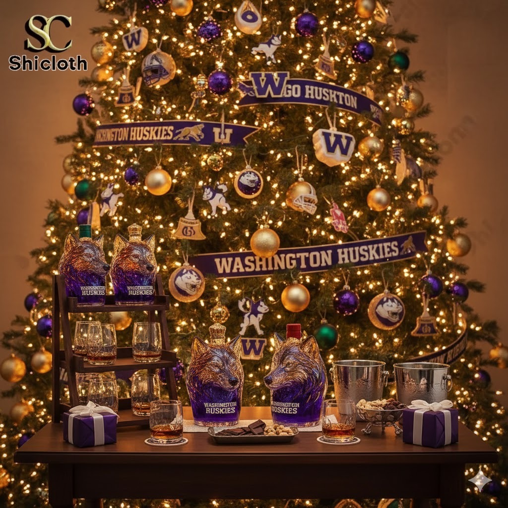Christmas tree decorated with Washington Huskies ornaments and a display table featuring Husky shaped bottles from Shicloth.