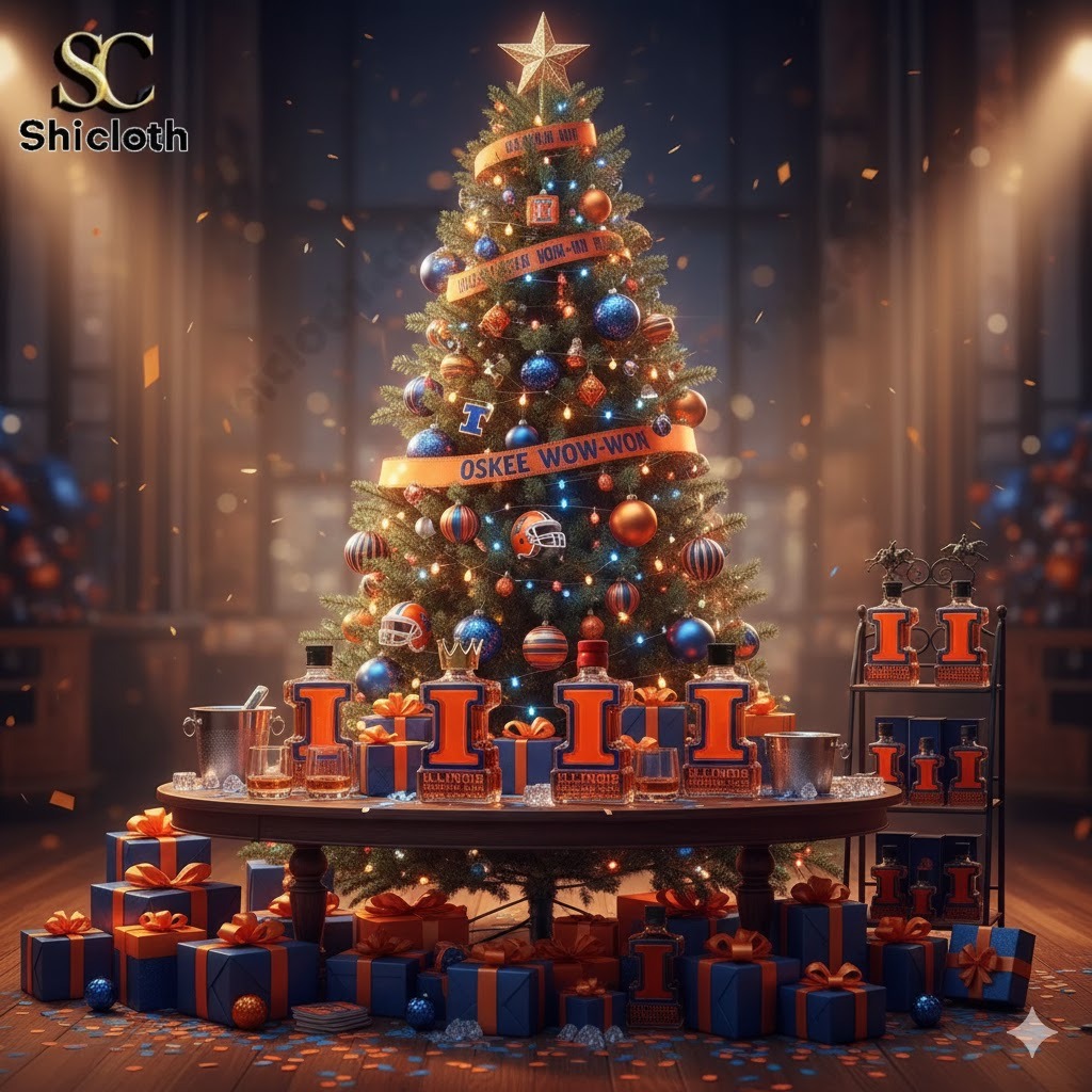 Christmas tree decorated with Illinois Fighting Illini colors and themed gift boxes from Shicloth
