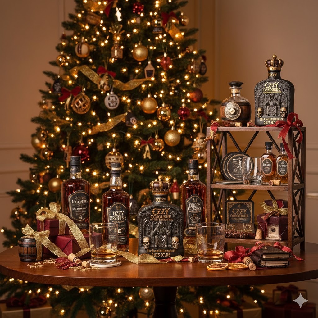 Holiday display of Ozzy Osbourne themed liquor bottles arranged on a table in front of a decorated Christmas tree.
