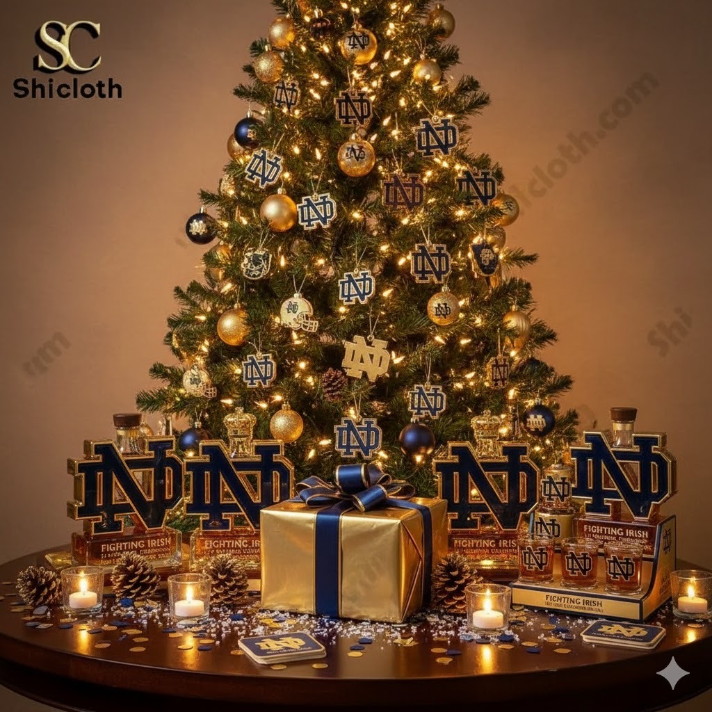 A Christmas tree decorated with Notre Dame themed ornaments and Shicloth branded Notre Dame bottles on a table!