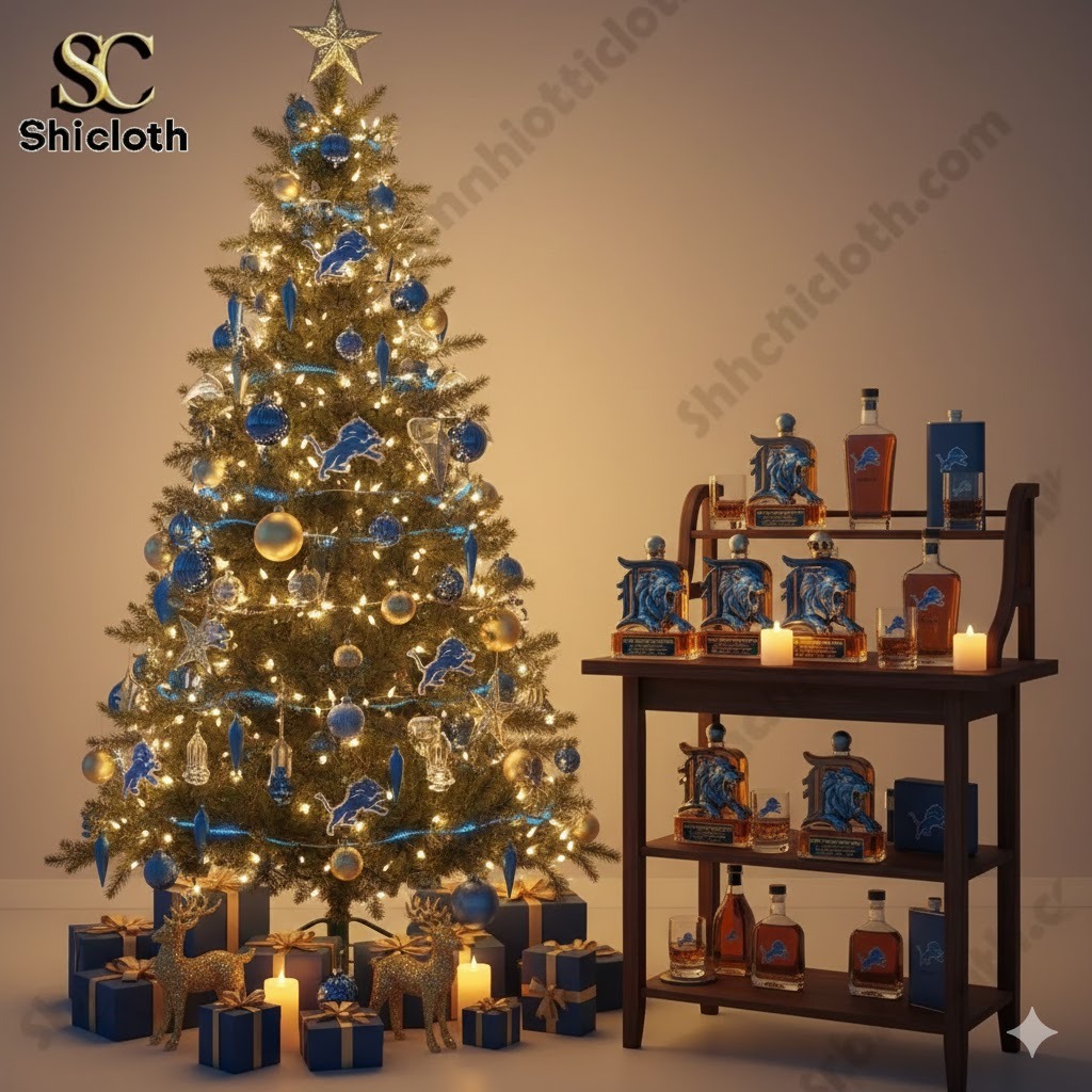 Christmas tree with blue and gold decorations beside a display of Lions themed whiskey bottles!