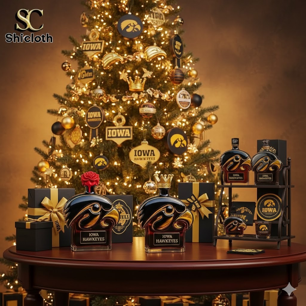 Christmas tree decorated with Iowa Hawkeyes ornaments and Shicloth themed bottles displayed on a table!