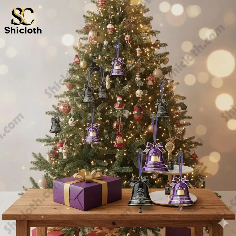 Christmas tree decorated with limited edition Shicloth bells and a gift box on a wooden table!