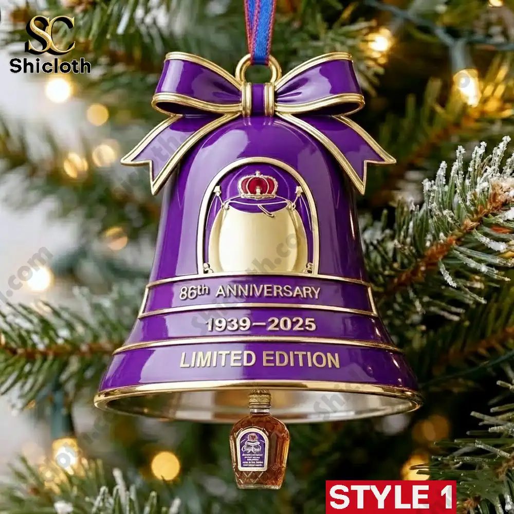 Purple Shicloth anniversary bell ornament hanging on a Christmas tree!
