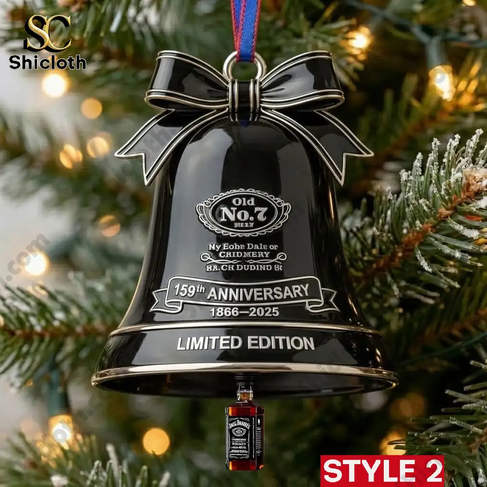 Whiskey Wine 159th Anniversary Limited Edition Bell Ornament (1866-2025) 3 Black Shicloth anniversary bell ornament hanging on a Christmas tree!