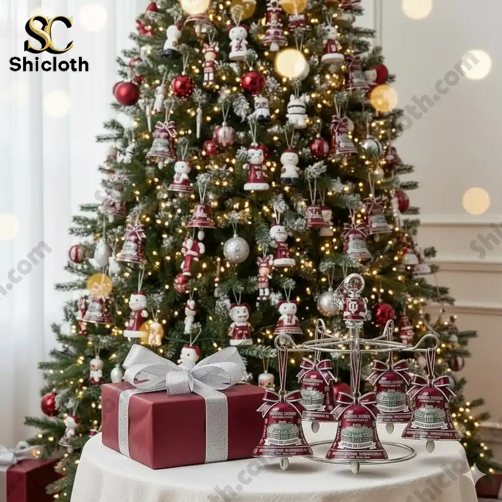 Christmas tree decorated with Shicloth bell ornaments and gift box in front!