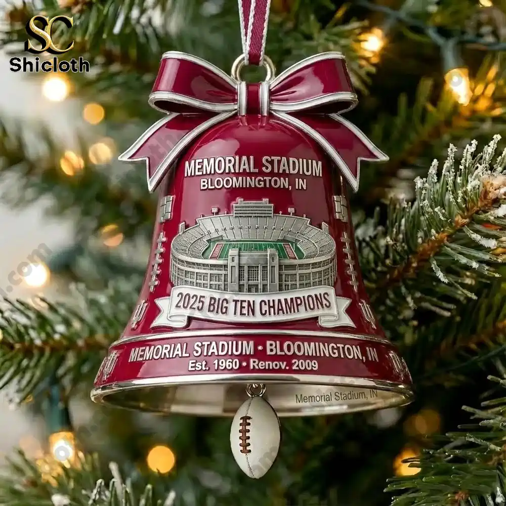 Close up of a Shicloth Memorial Stadium bell ornament hanging on a Christmas tree!