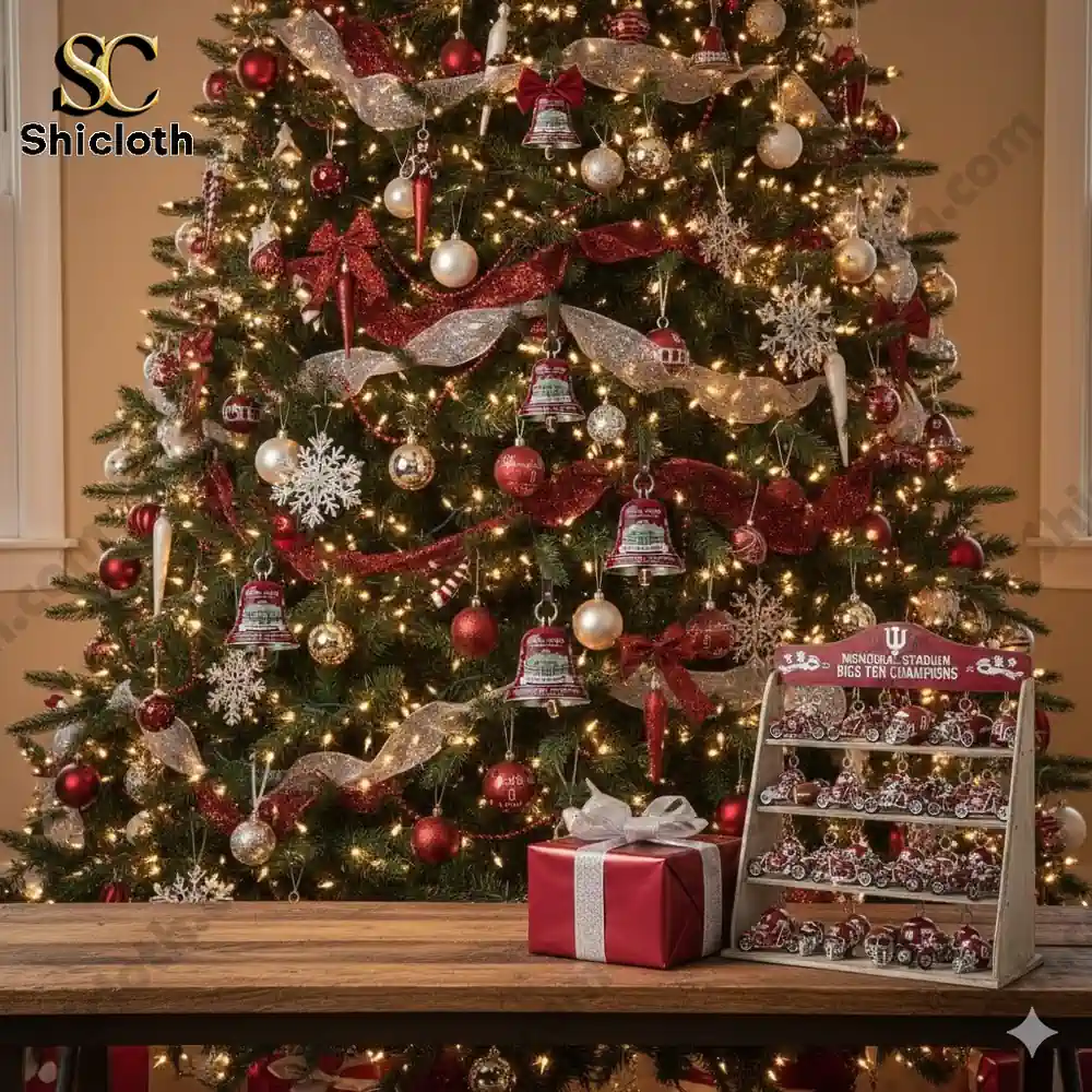 Christmas tree with red and silver ornaments and a Shicloth display stand in front!