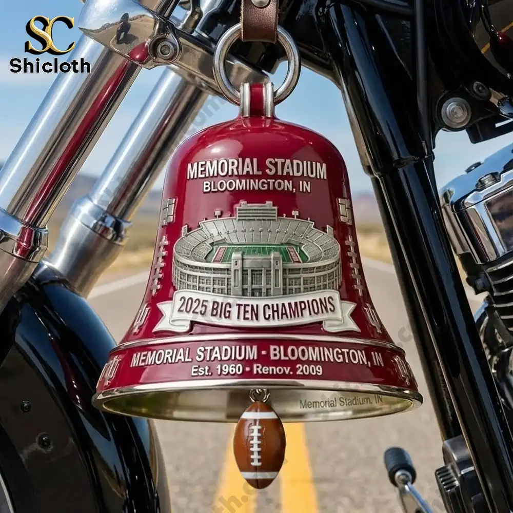Motorcycle bell shaped ornament with Memorial Stadium and Big Ten Champions text!