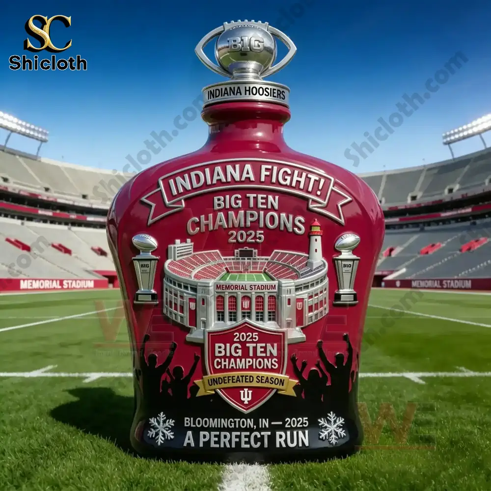 A close-up view of an Indiana Hoosiers Big Ten Champions 2025 whiskey bottle in a football stadium.