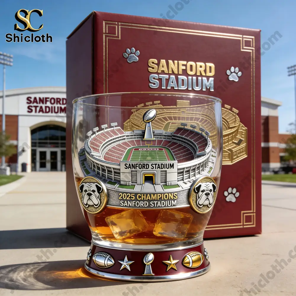A decorative glass with an intricate design of Sanford Stadium, highlighting its 2025 Champions status.