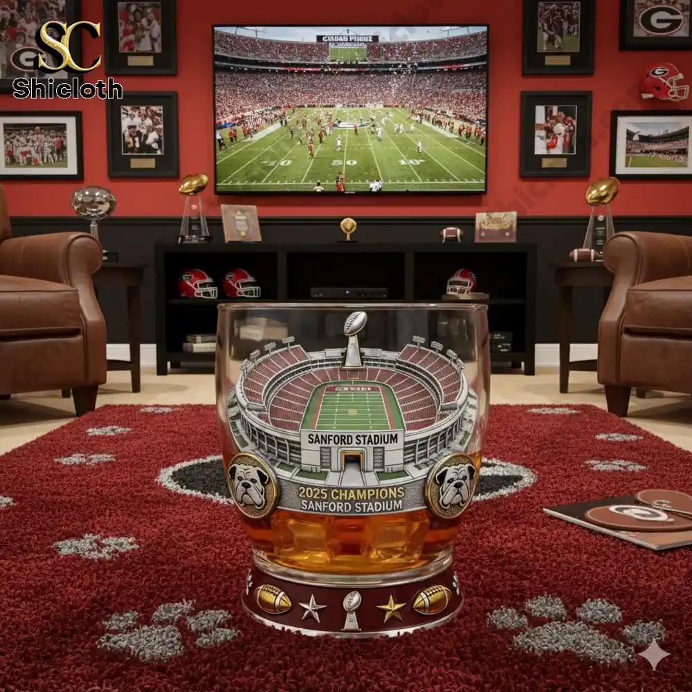 The decorative Sanford Stadium glass placed in a Georgia Bulldogs-themed living room, with memorabilia and a football game displayed on the TV.