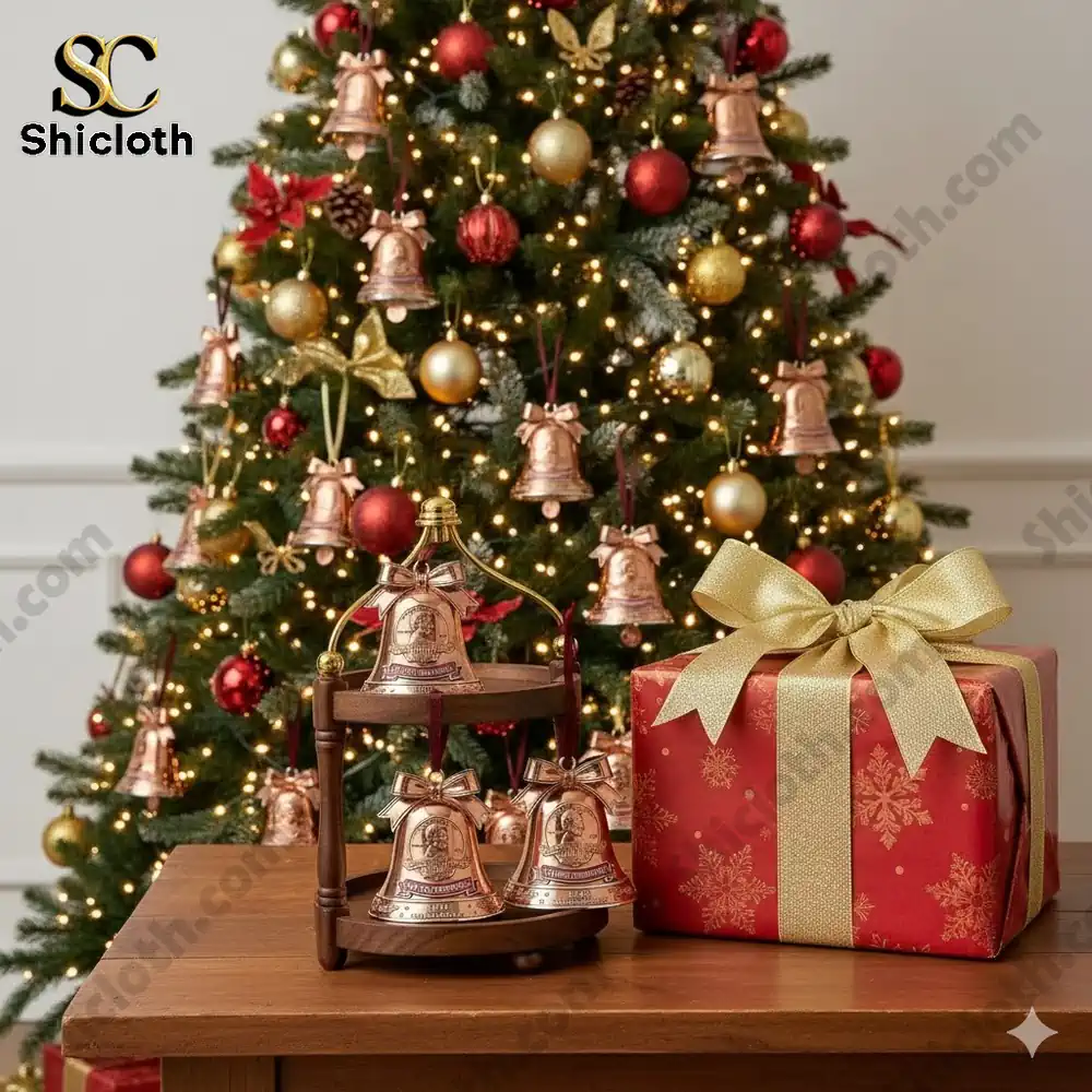 Christmas tree decorated with bronze bells and a gift box on a wooden table!