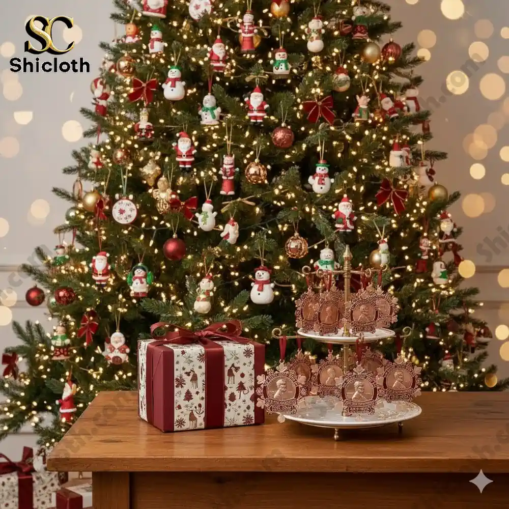 Christmas tree decorated with snowman and santa ornaments with a gift and medal display stand!