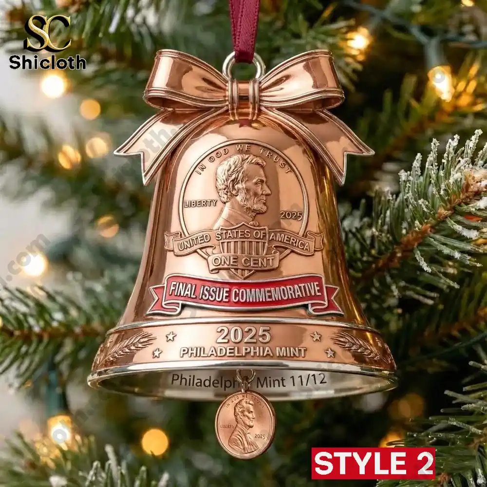 2025 Final Penny 11/12 Philadelphia Mint Commemorative Bell Ornament 4 Bell shaped Lincoln coin ornament with ribbon labeled final issue commemorative on a Christmas tree!