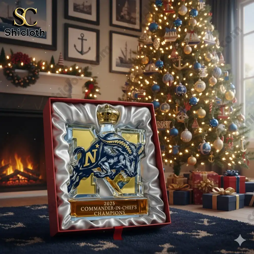 A Navy trophy whiskey bottle in a red box under a Christmas tree with gifts and fireplace in the background.