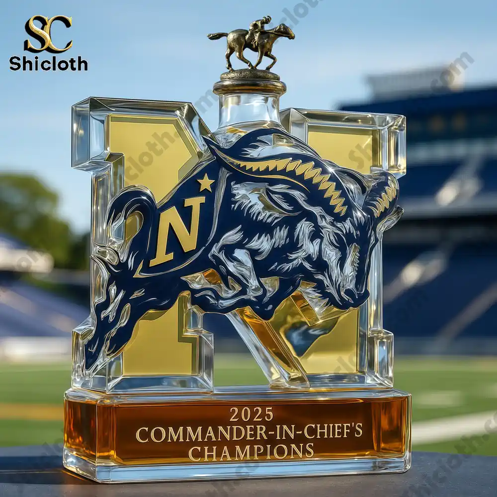 2025 Navy Commander-in-chief’s Champions Whiskey Bottle 6 A Navy trophy whiskey bottle with a horse figurine on top, displayed outdoors in front of a football stadium.