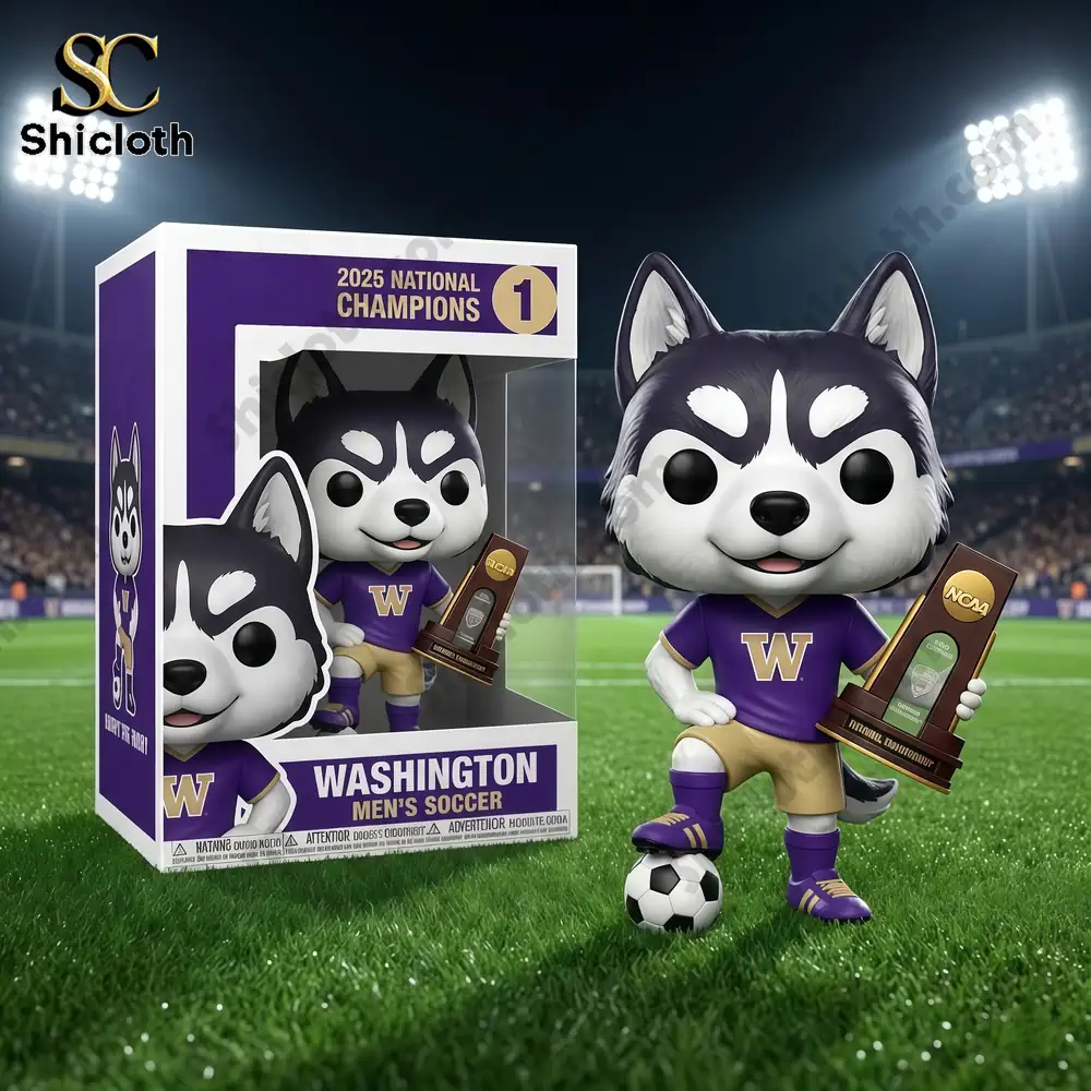 Washington husky soccer champion figure holding trophy on stadium field!